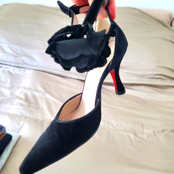 Christian Louboutin Black Suede, Flower Ankle Strap, Red Bottom, 3" Heels. 36.5 - Picture 7 of 10